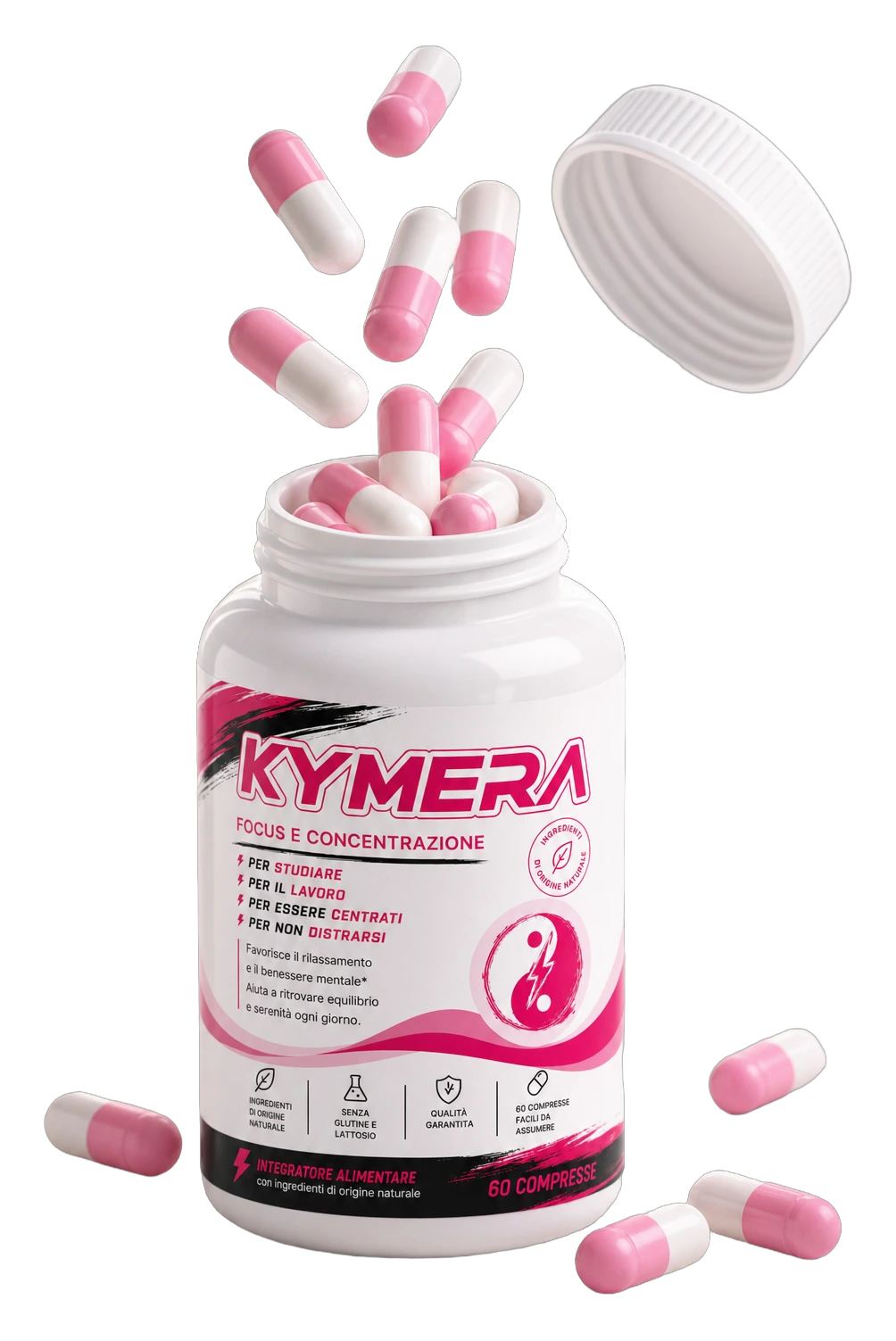Il barattolo KYMERA aperto, con le compresse che saltano fuori